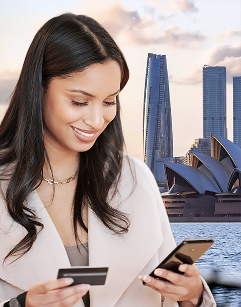 Woman Smile Credit Card Phone Sydney Australia
