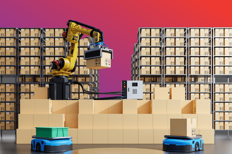 Robots delivering stock in a warehouse, futuristic (or potentially current) ecommerce warehouse. 