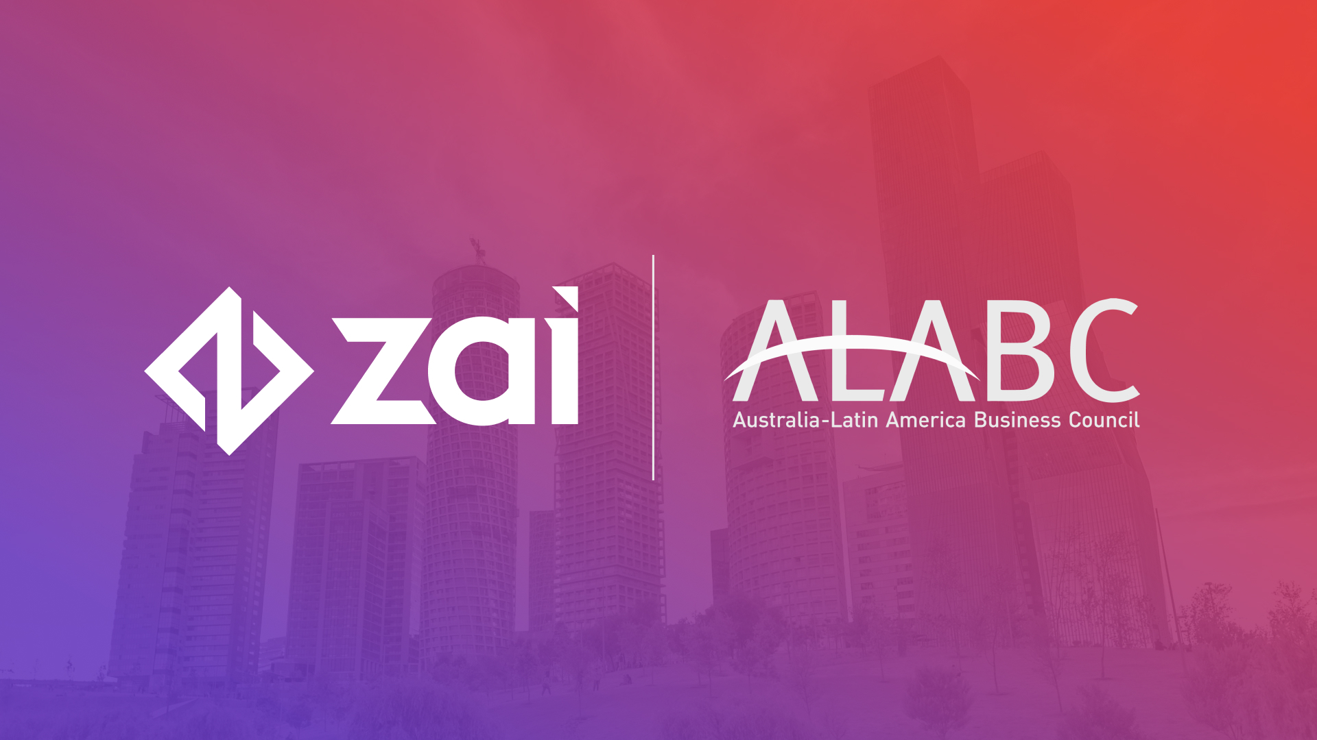 Pink and purple background with Zai and ALABC logos in white.