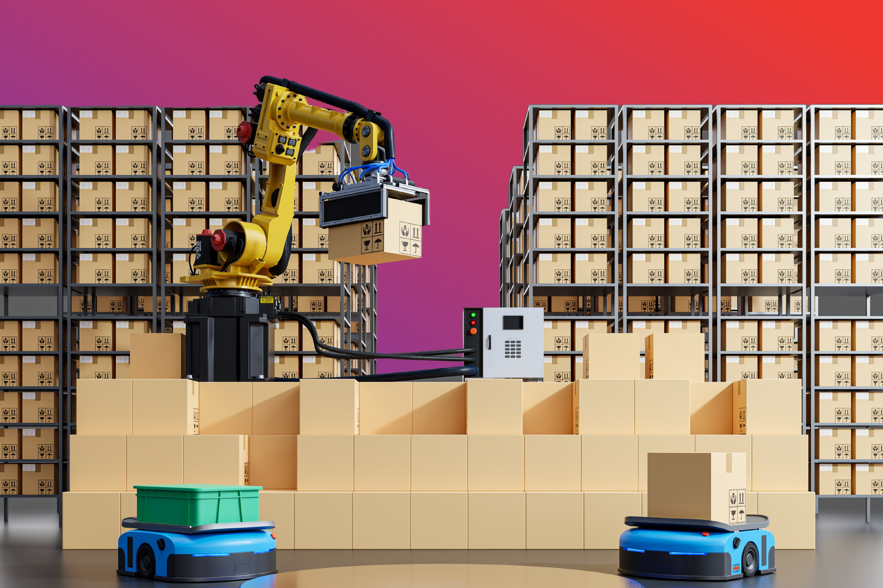 Robots delivering stock in a warehouse, futuristic (or potentially current) ecommerce warehouse. 